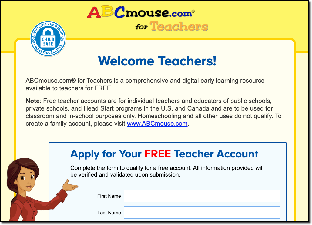 ABCmouse for Teachers sign-up form showing fields for name email and school info